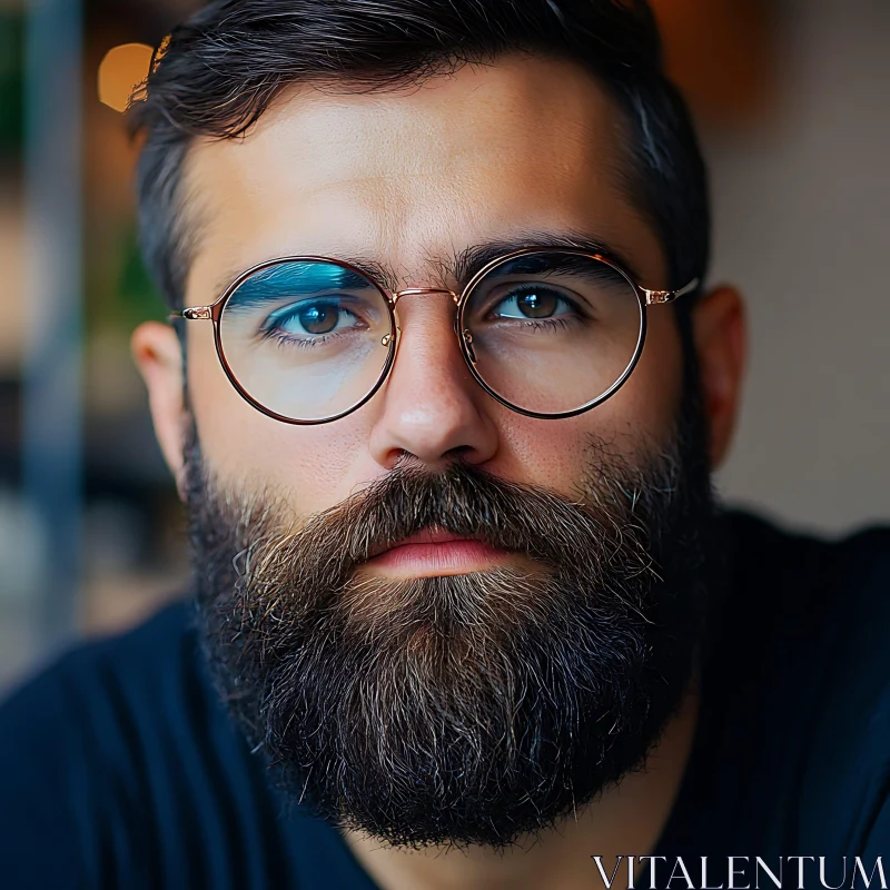 Intense Gaze of a Bearded Man in Glasses AI Image