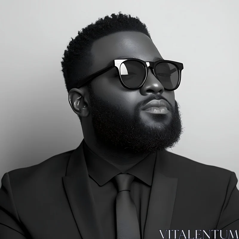 Stylish Man in Black Suit and Sunglasses Monochrome AI Image