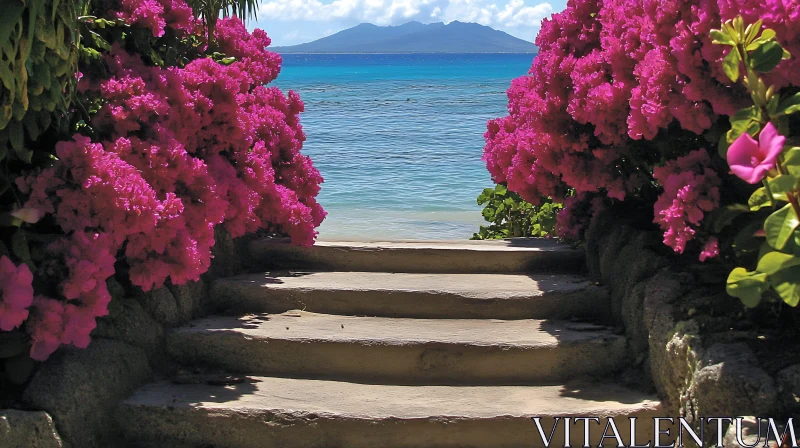 Tranquil Seaside Path with Lush Pink Blooms AI Image