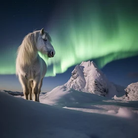 Northern Lights Enveloping a White Horse in Snow