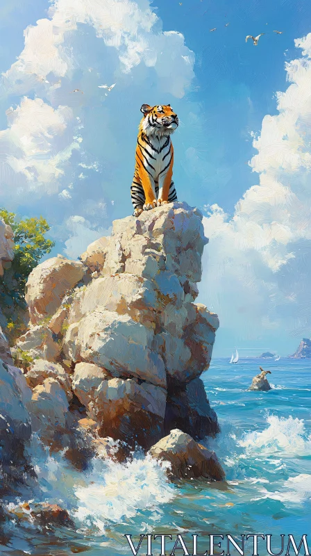 Tiger on Rock by the Ocean AI Image