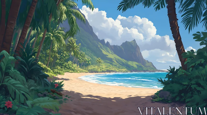 Tropical Paradise: Beach, Palm Trees, and Mountains AI Image