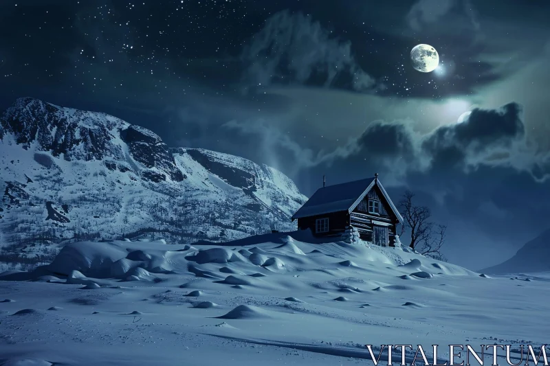 AI ART Moonlit Cabin in Snowy Mountains