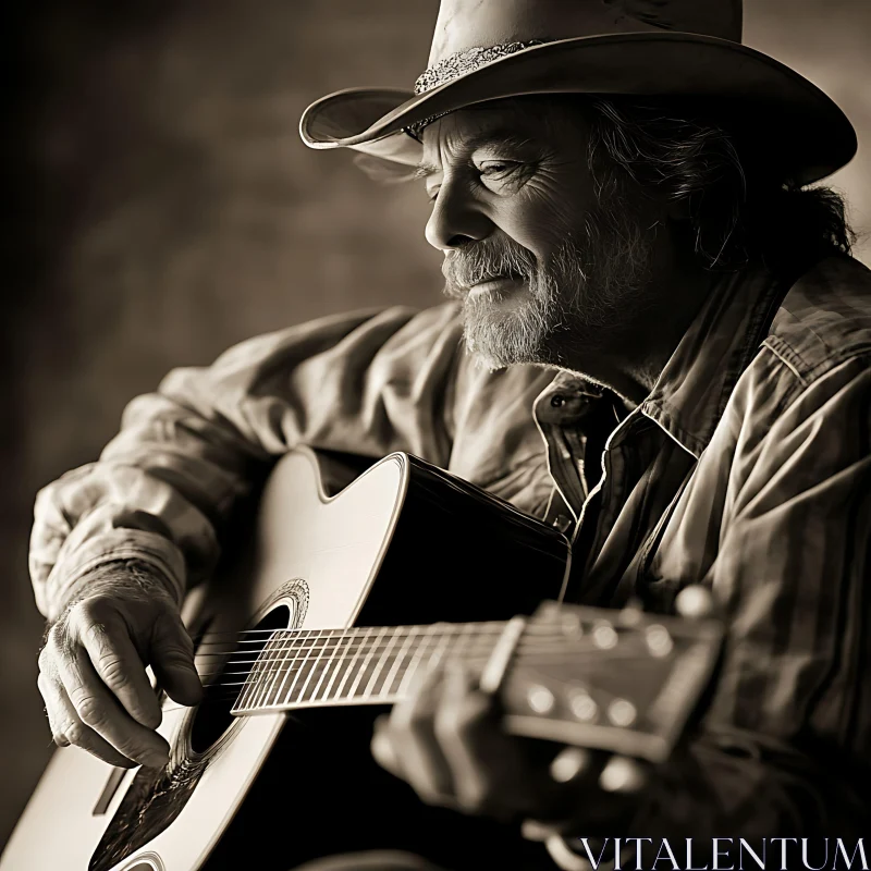 Man Strumming Guitar in Sepia Tone AI Image