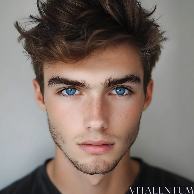 Young Man with Blue Eyes and Tousled Hair AI Image