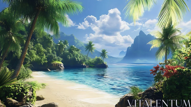 Peaceful Island Beach with Lush Palms and Clear Ocean AI Image