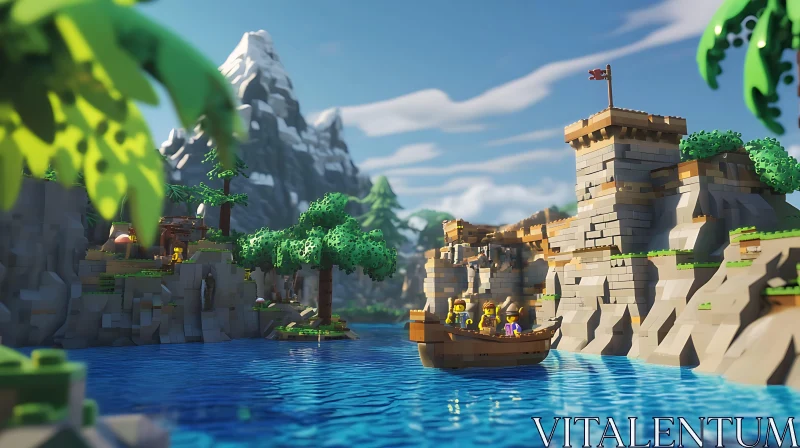 LEGO Fantasy Landscape with Castle and Boat AI Image