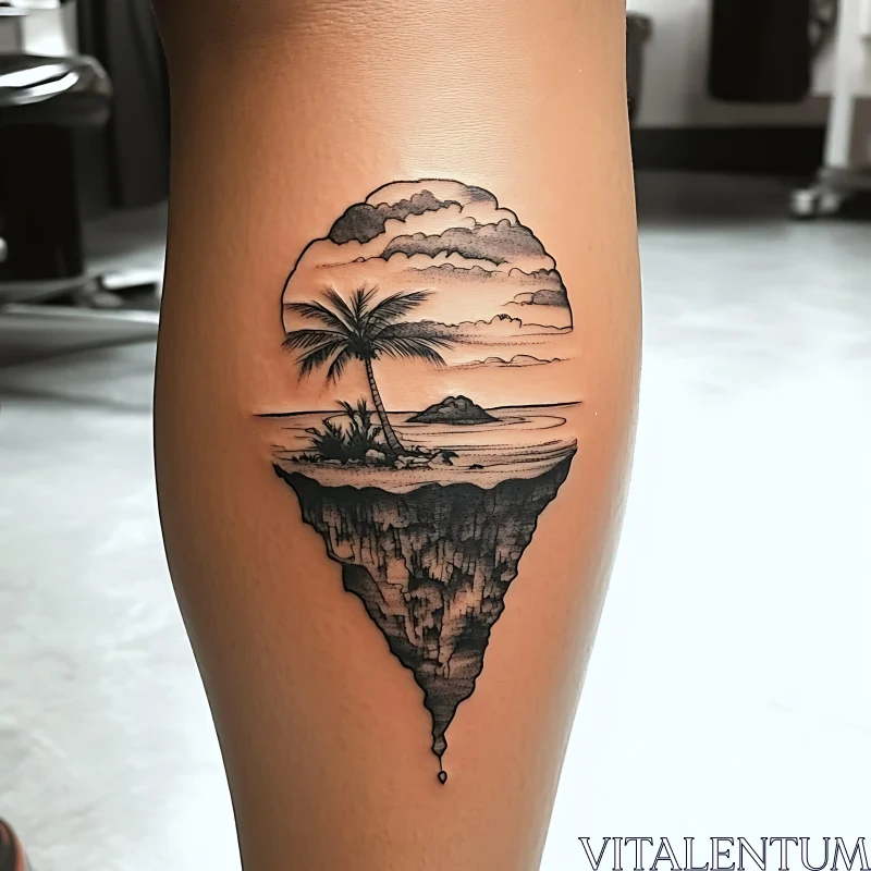 Floating Island Tattoo Design with Detailed Palm Tree AI Image