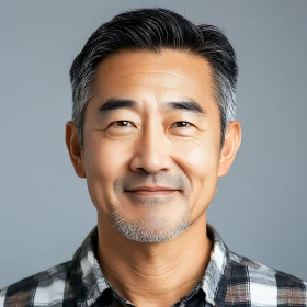 Friendly Middle-Aged Man in Checkered Shirt Against Gray