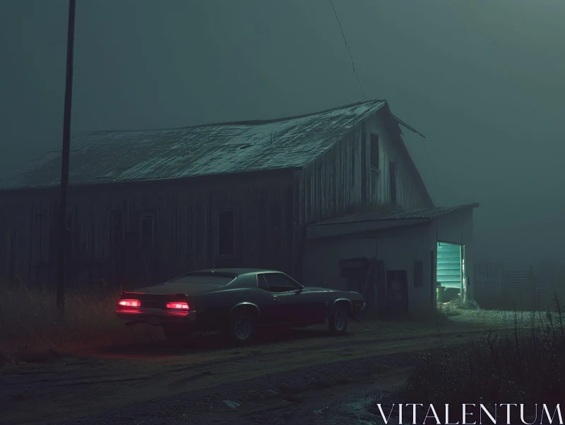 AI ART Foggy Night with Classic Car and Barn