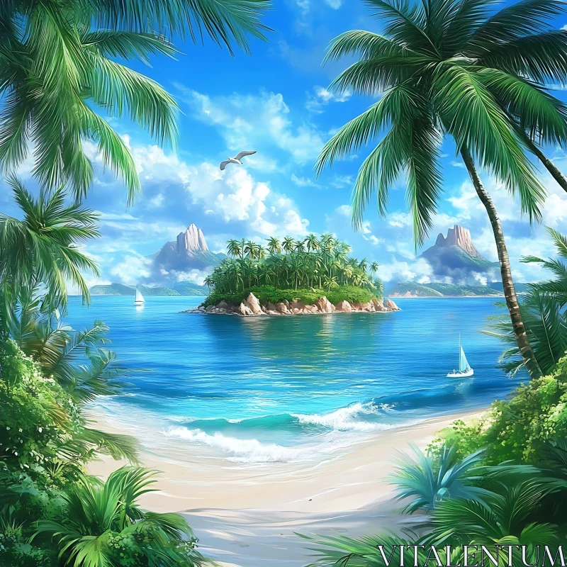 Tropical Paradise Island and Crystal Clear Beach AI Image