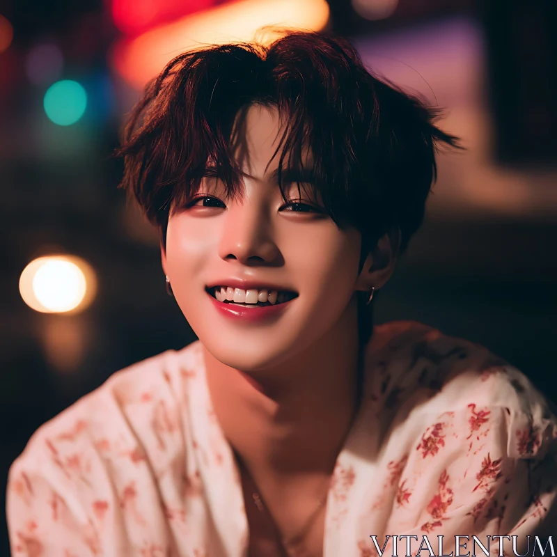 Young Man Smiling in Floral Shirt with Night Lights Bokeh AI Image