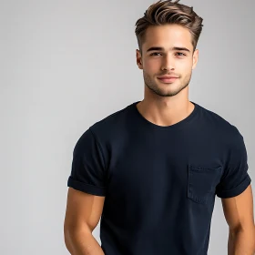 Stylish Man in Navy Blue T-Shirt Against Gray Background