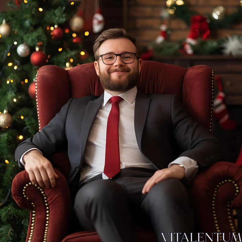 Man in Suit with Christmas Tree Background AI Image