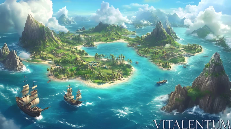 Serene Island Landscape with Ocean and Mountaintops AI Image