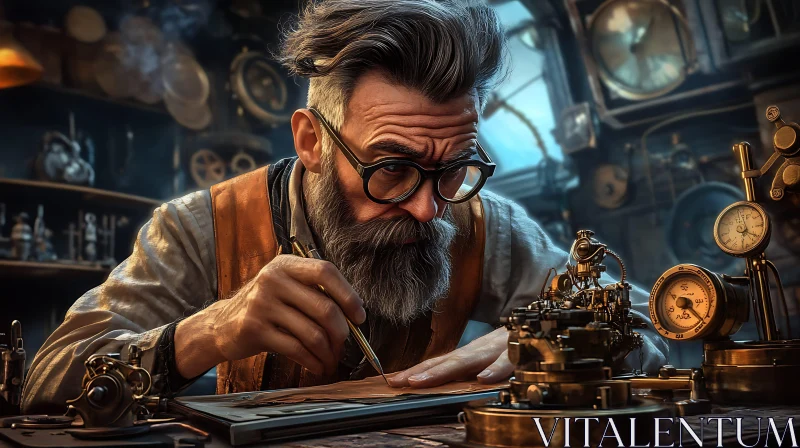 Focused Elderly Mechanic in Vintage Workshop AI Image