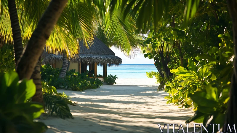 Serene Tropical Beach with Palm Trees and Hut AI Image