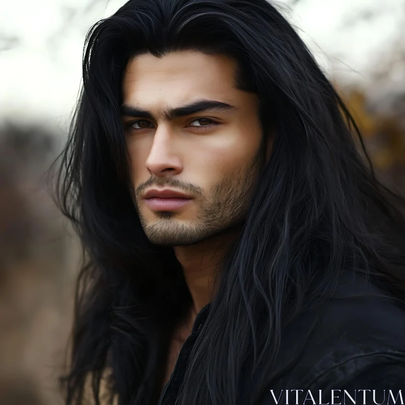 Serious Man with Long Dark Hair in Autumn AI Image