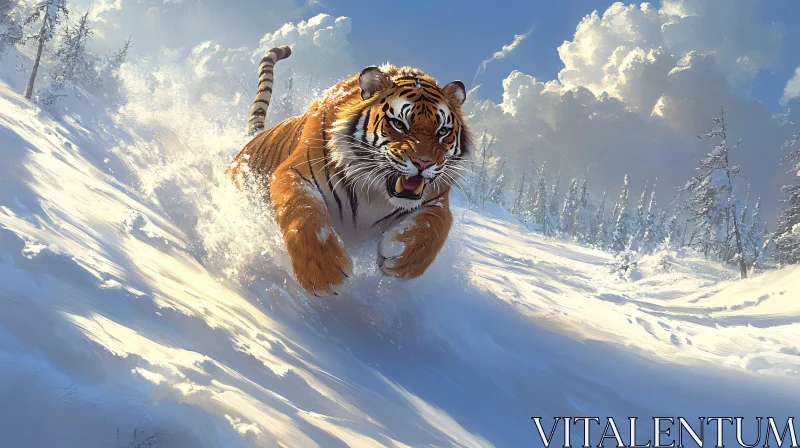 Tiger Running in Snowy Forest AI Image