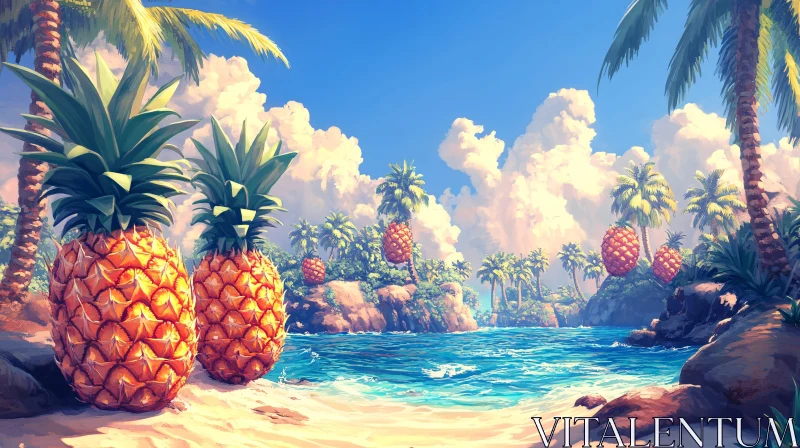 AI ART Fantasy Tropical Beach with Gigantic Pineapples