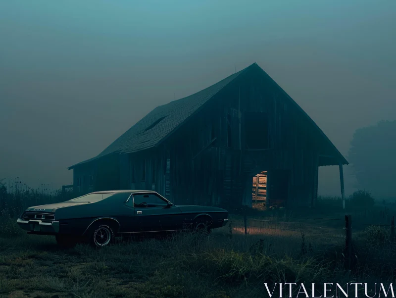 AI ART Foggy Scene with Barn and Vintage Car