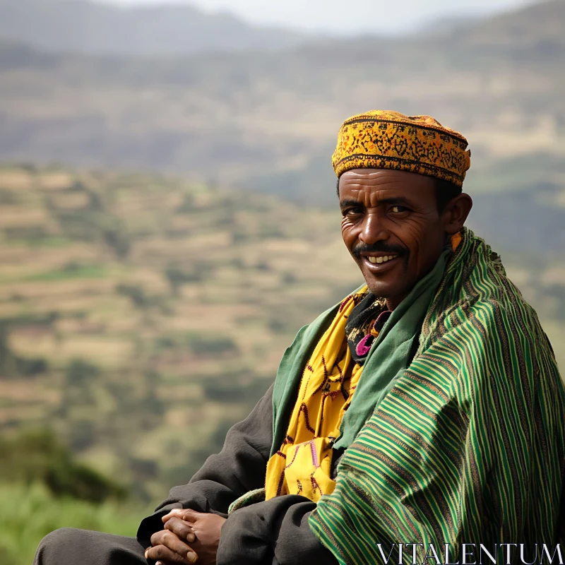 Traditional Attire Man in Landscaped Setting AI Image