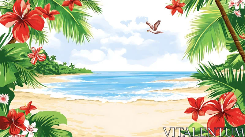 Serene Island Beach with Vibrant Flora AI Image