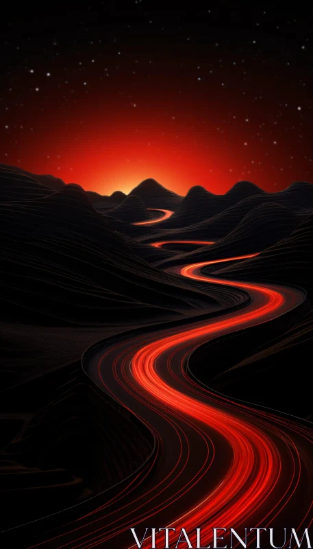 AI ART Curving Red Road in Mysterious Night Hills