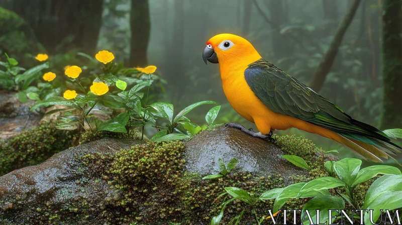 Orange Parrot and Jungle Flowers AI Image