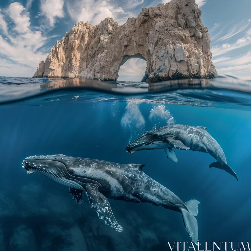 Whales Underneath Azure Waves and Rock AI Image