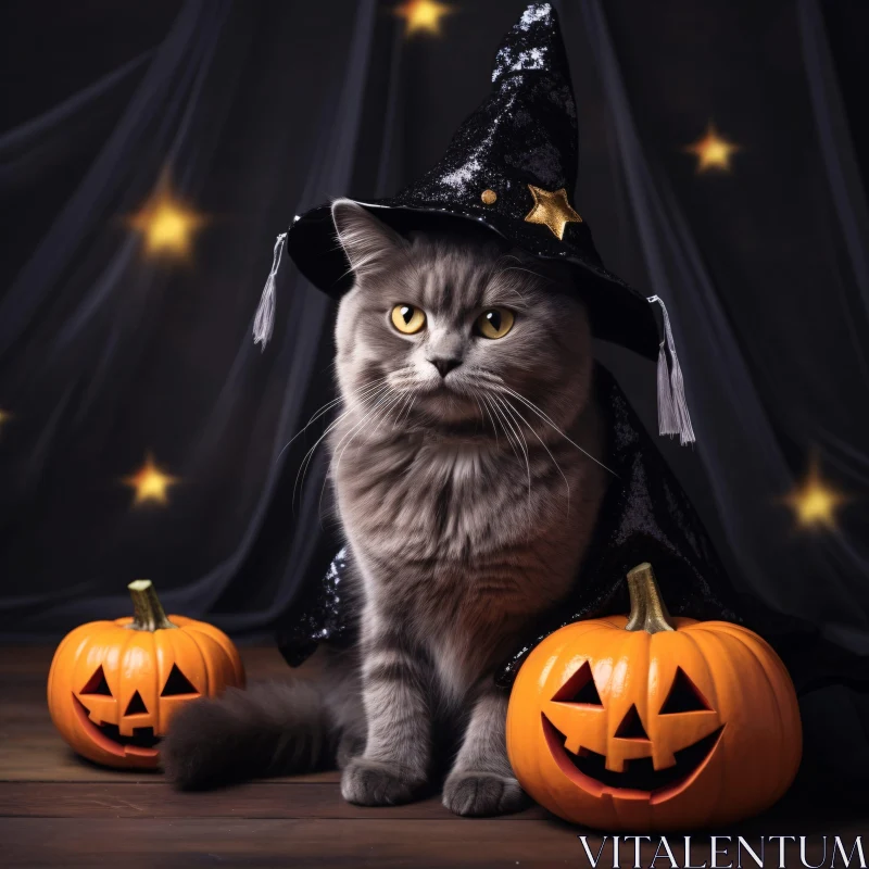 AI ART Halloween Cat with Spooky Pumpkins