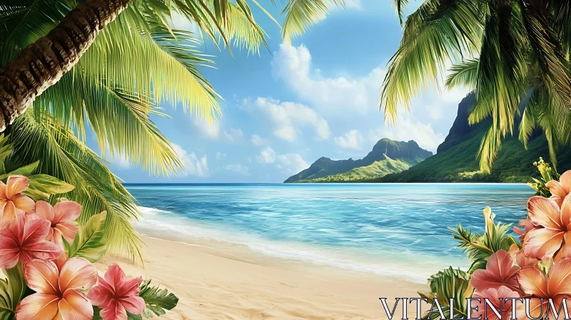 Serene Tropical Beach with Ocean Waves and Lush Foliage AI Image