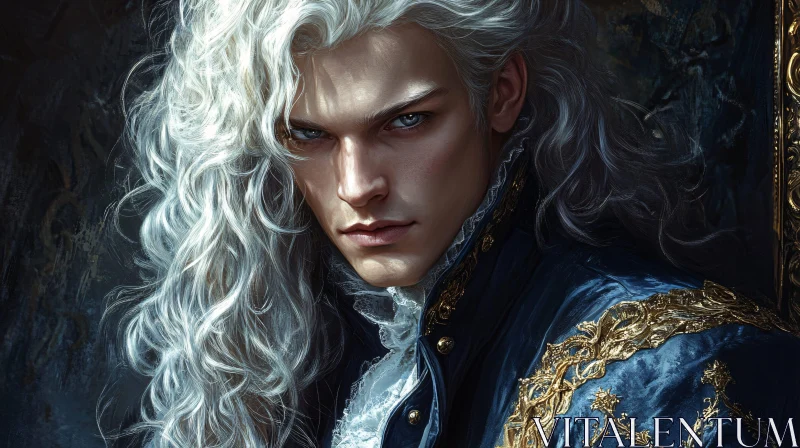 Regal Vampire with Intense Gaze and White Hair AI Image