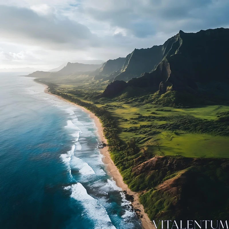 Coastal Wonders: A Perfect Blend of Ocean, Mountains, and Sunlight AI Image