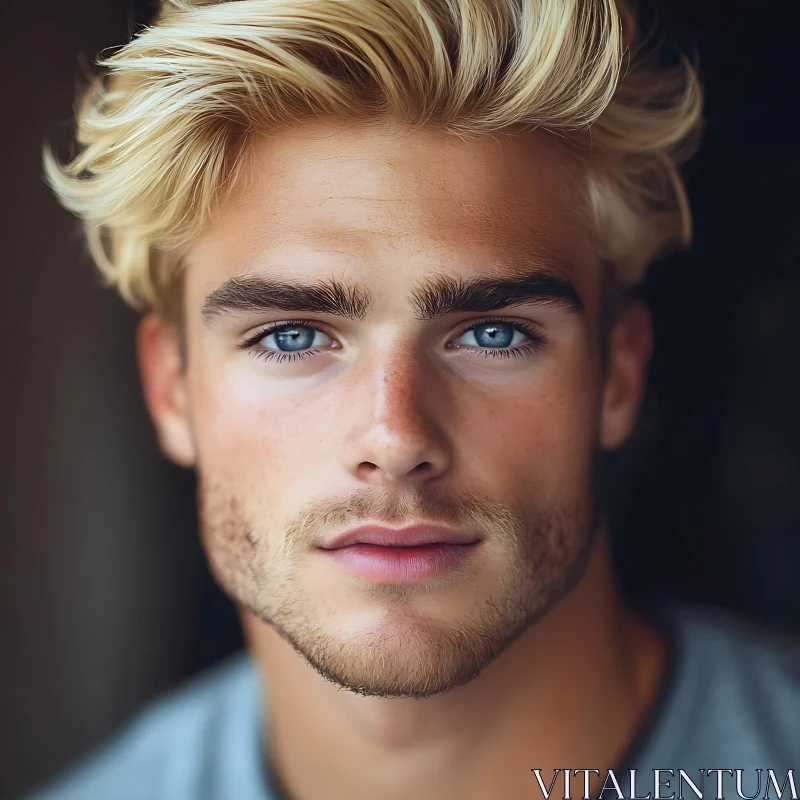 Blonde Man with Blue Eyes Close-Up AI Image