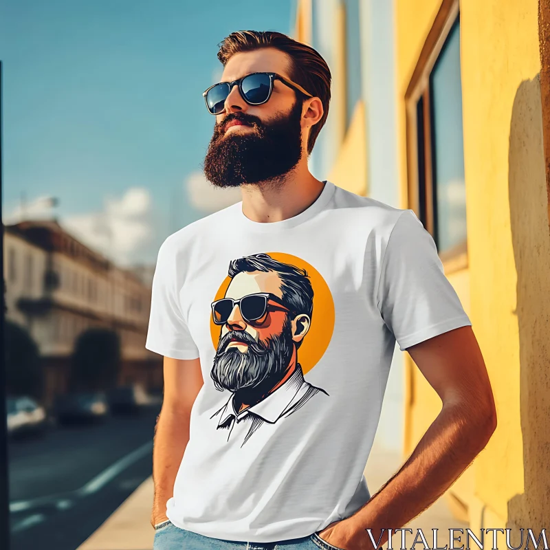 Bearded Man Wearing Sunglasses and Art Tee AI Image