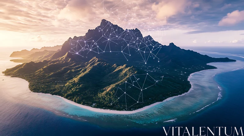 Scenic Island Landscape with Mountain and Network Overlay AI Image