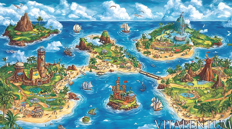 Cartoon Islands with Landmarks and Sailing Boats AI Image