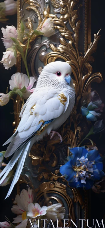 White Parrot with Golden Ornamentation and Flowers
