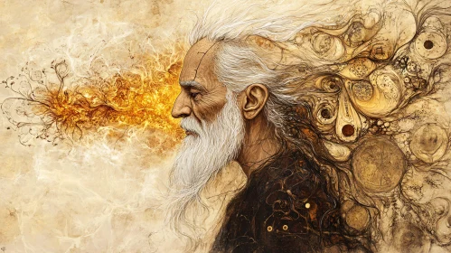 Elderly Man Abstract Art with Fiery Wisdom