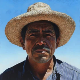 Weathered Elder Man in Straw Hat Under Blue Sky