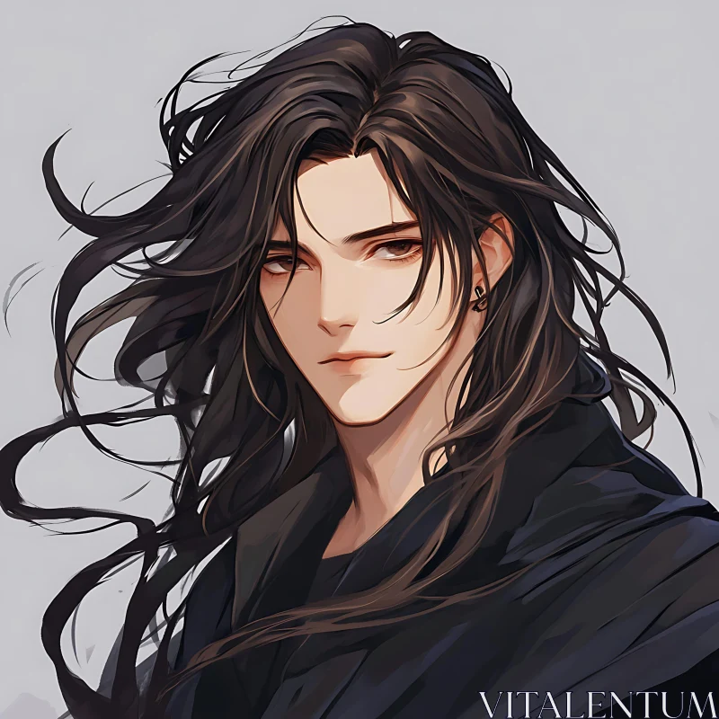 Calm Anime Portrait with Dark Hair and Clothing