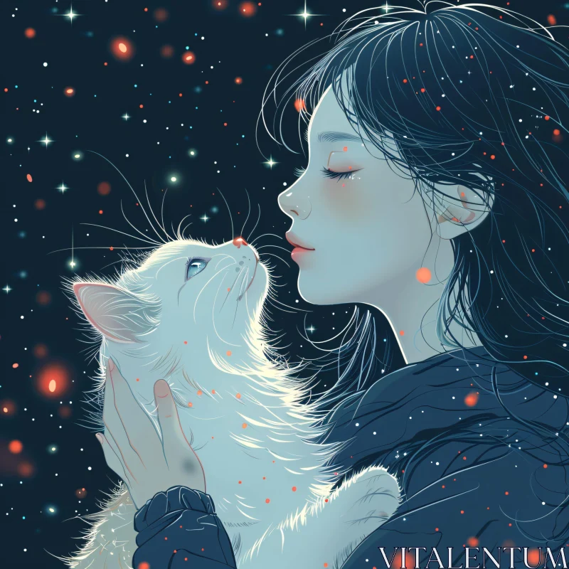 AI ART Starry Night Intimacy with White Cat