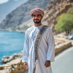 Portrait of Man near Sea and Mountains