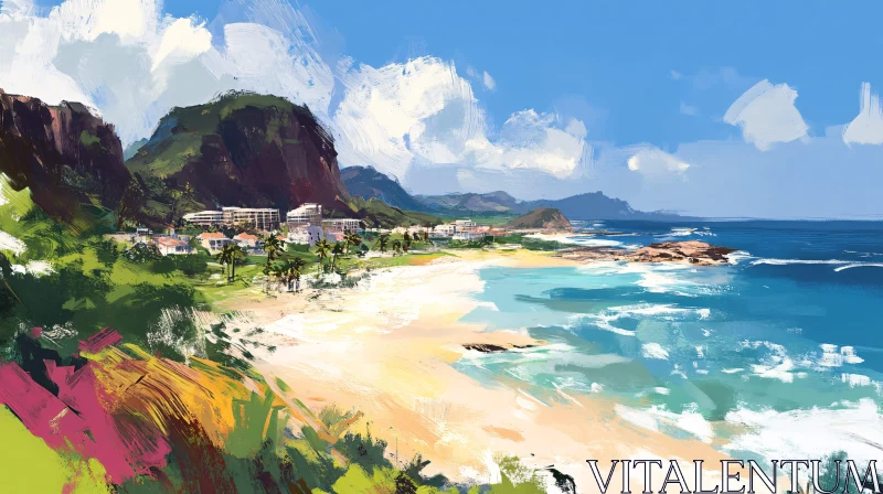 AI ART Scenic Coastal Beach and Mountain View