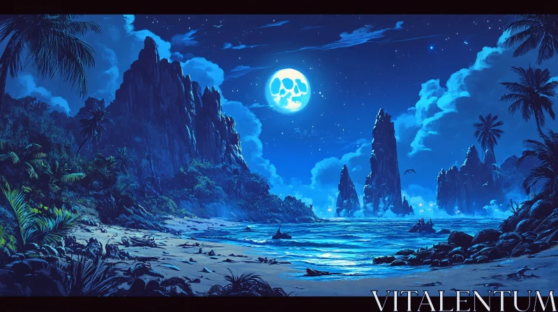 Tropical Nightscape with Skull Moon and Ocean AI Image