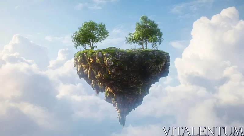 Suspended Island with Trees in a Cloudy Sky AI Image