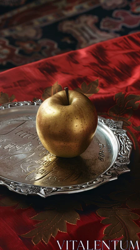 Opulent Golden Apple on Engraved Platter AI Image