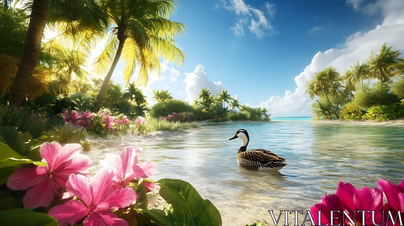 Tropical Beach with Duck AI Image