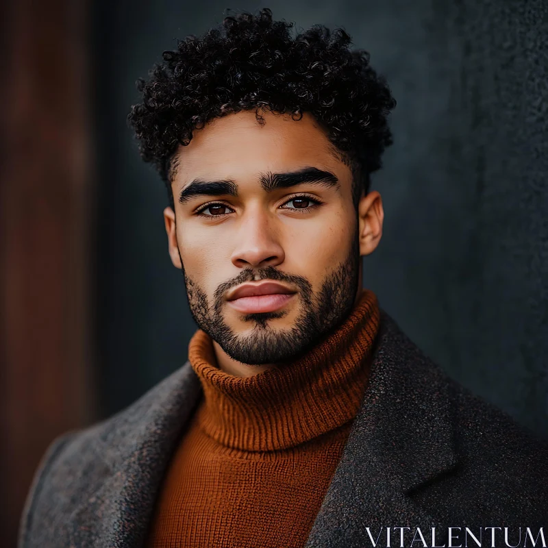 Stylish Man with Curly Hair and Turtleneck AI Image